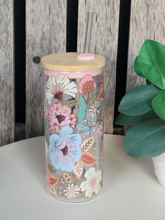 clementine Other - Clementine Floral Glass Tumbler with Bamboo Lid and Straw